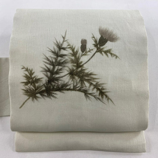 名古屋帶 秀品級 附落款 夏帶 草花紋 深藍灰色 純蠶絲