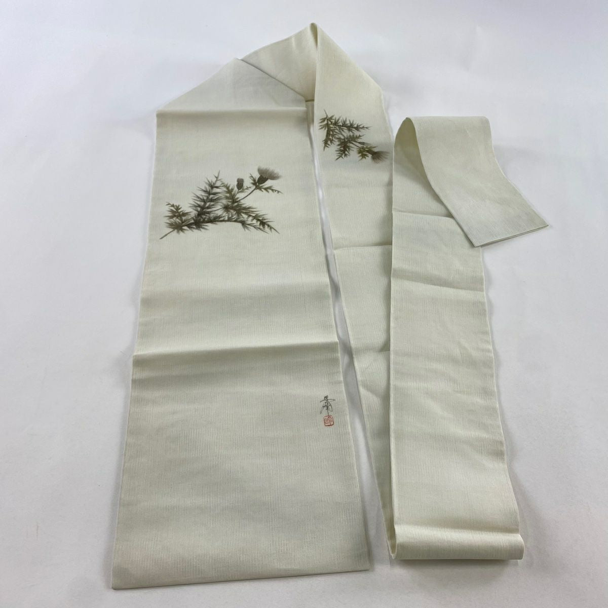 名古屋帶 秀品級 附落款 夏帶 草花紋 深藍灰色 純蠶絲