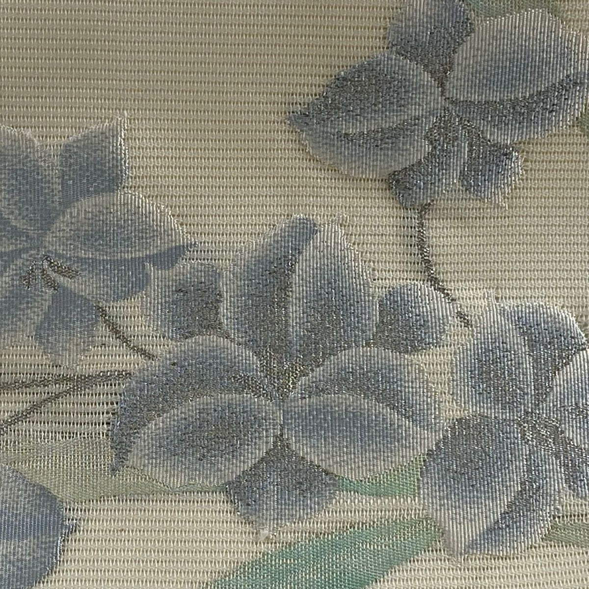 名古屋帶 秀品級 夏帶 絽 草花紋 銀線 奶油色 純蠶絲