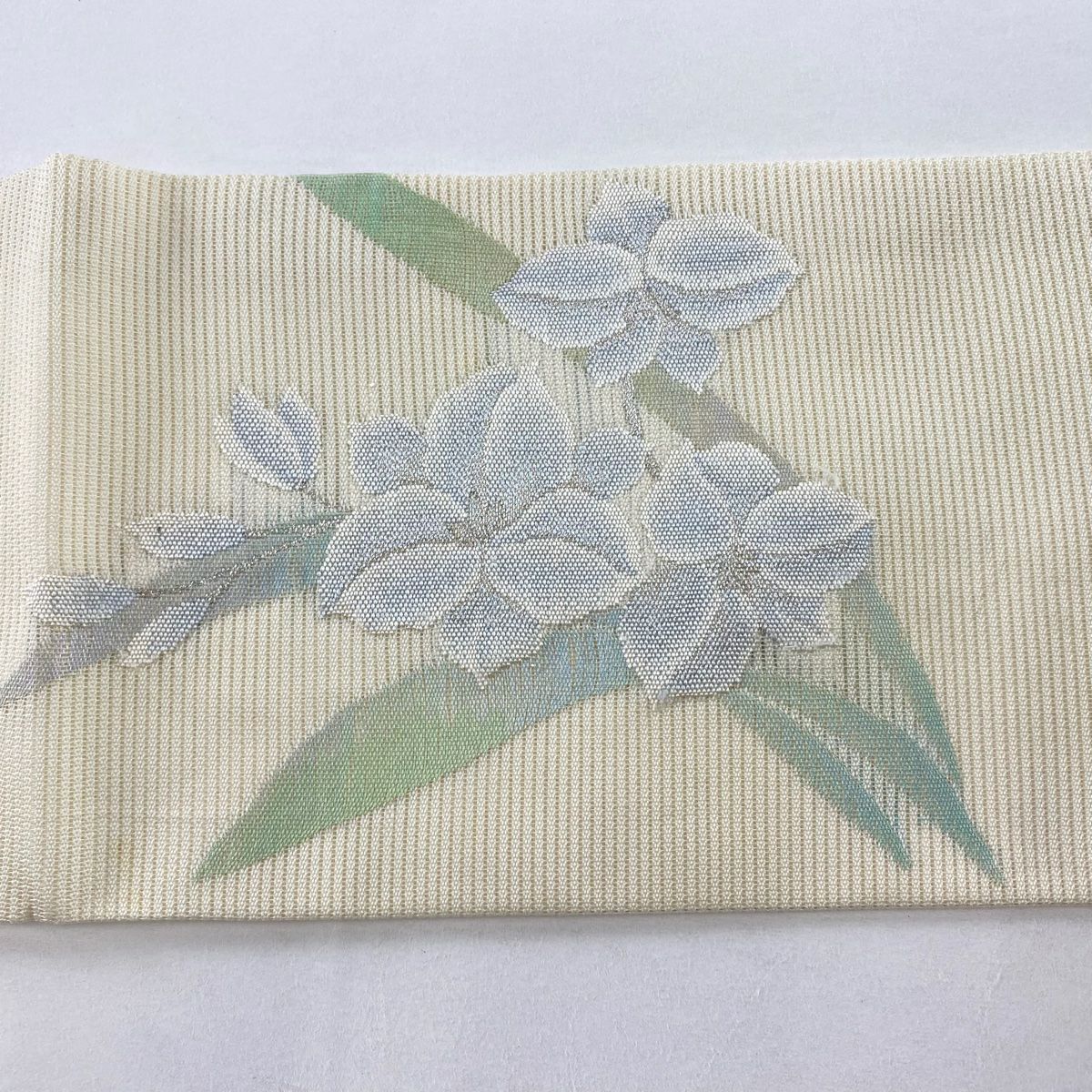 名古屋帶 秀品級 夏帶 絽 草花紋 銀線 奶油色 純蠶絲