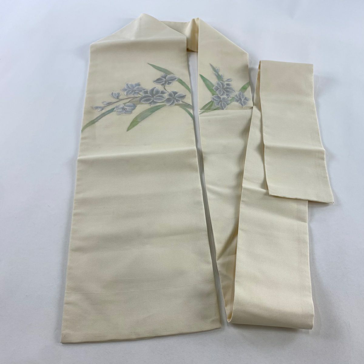 名古屋帶 秀品級 夏帶 絽 草花紋 銀線 奶油色 純蠶絲