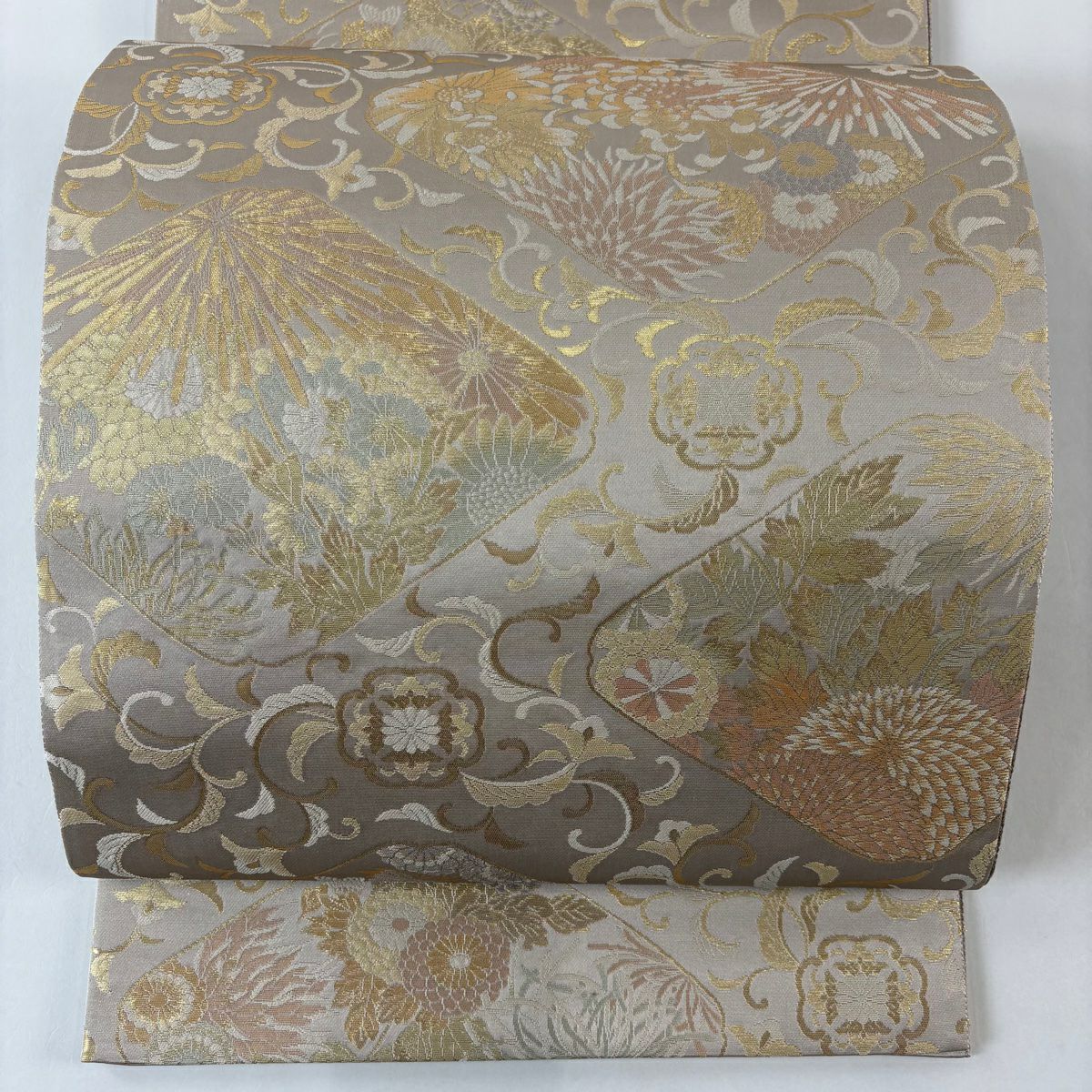 【美品】 袋帶 名品級 草木染 菊花 金金箔 薄小豆 全通 純蠶絲