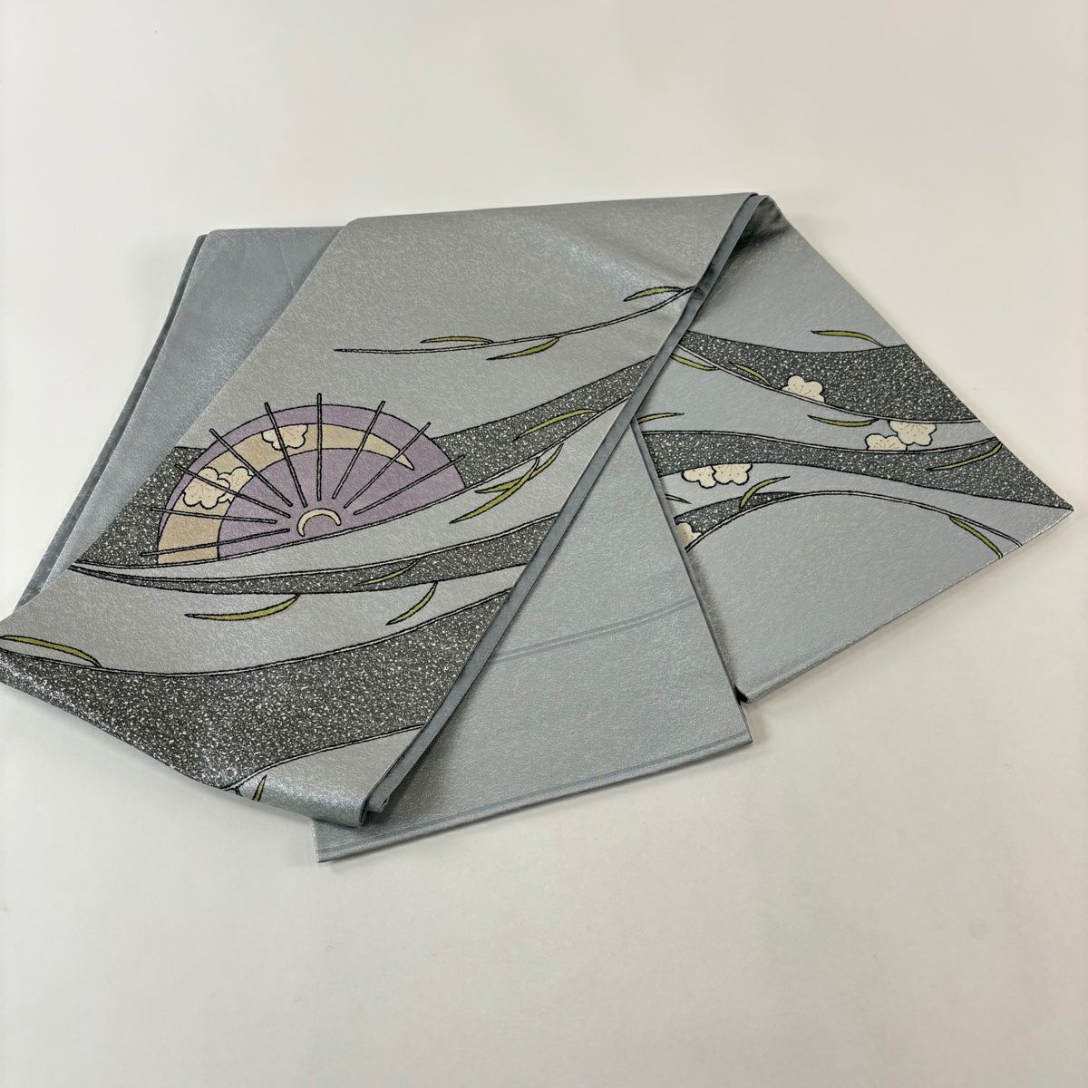 【美品】 袋帶 名品級 關西仕立 番傘 柳 金金箔 金銀彩 青灰 純蠶絲 お太鼓柄