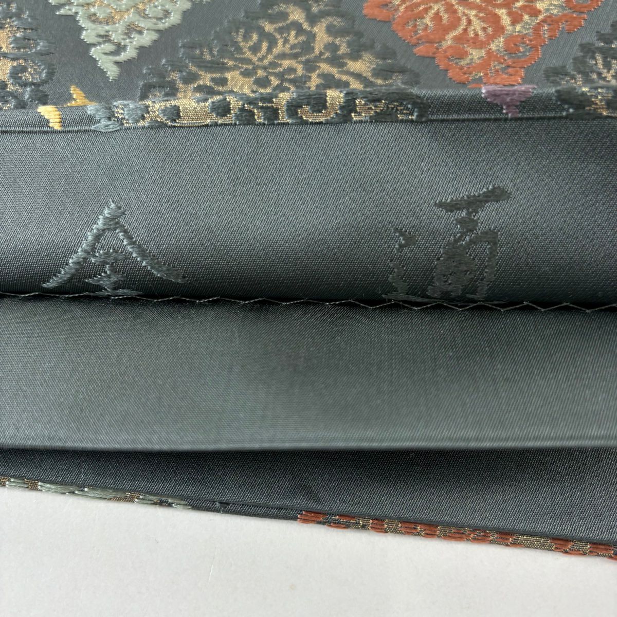 【美品】 袋帶 名品級 桐唐草紋 菱文 金金箔 灰綠 六通 純蠶絲