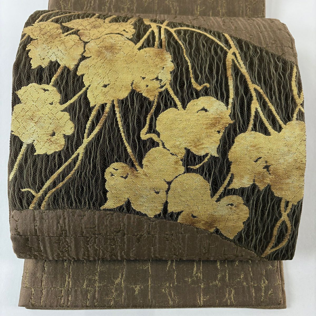 【美品】 袋帶 名品級 附落款 葉紋 變格子 金金箔 金絲 小豆色 大鼓紋 純蠶絲