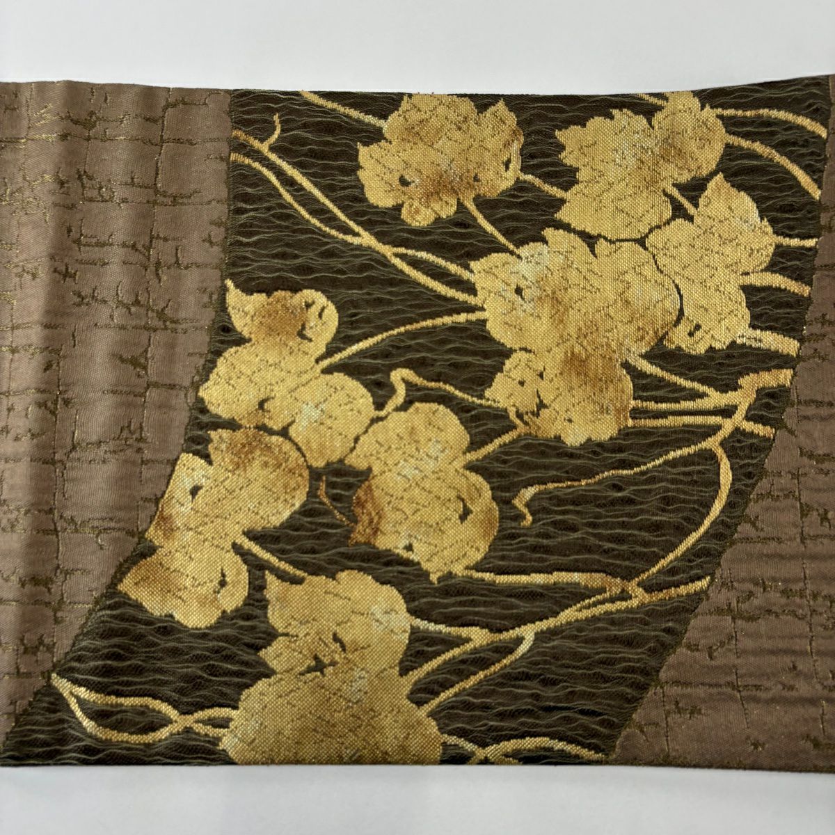 【美品】 袋帶 名品級 附落款 葉紋 變格子 金金箔 金絲 小豆色 大鼓紋 純蠶絲