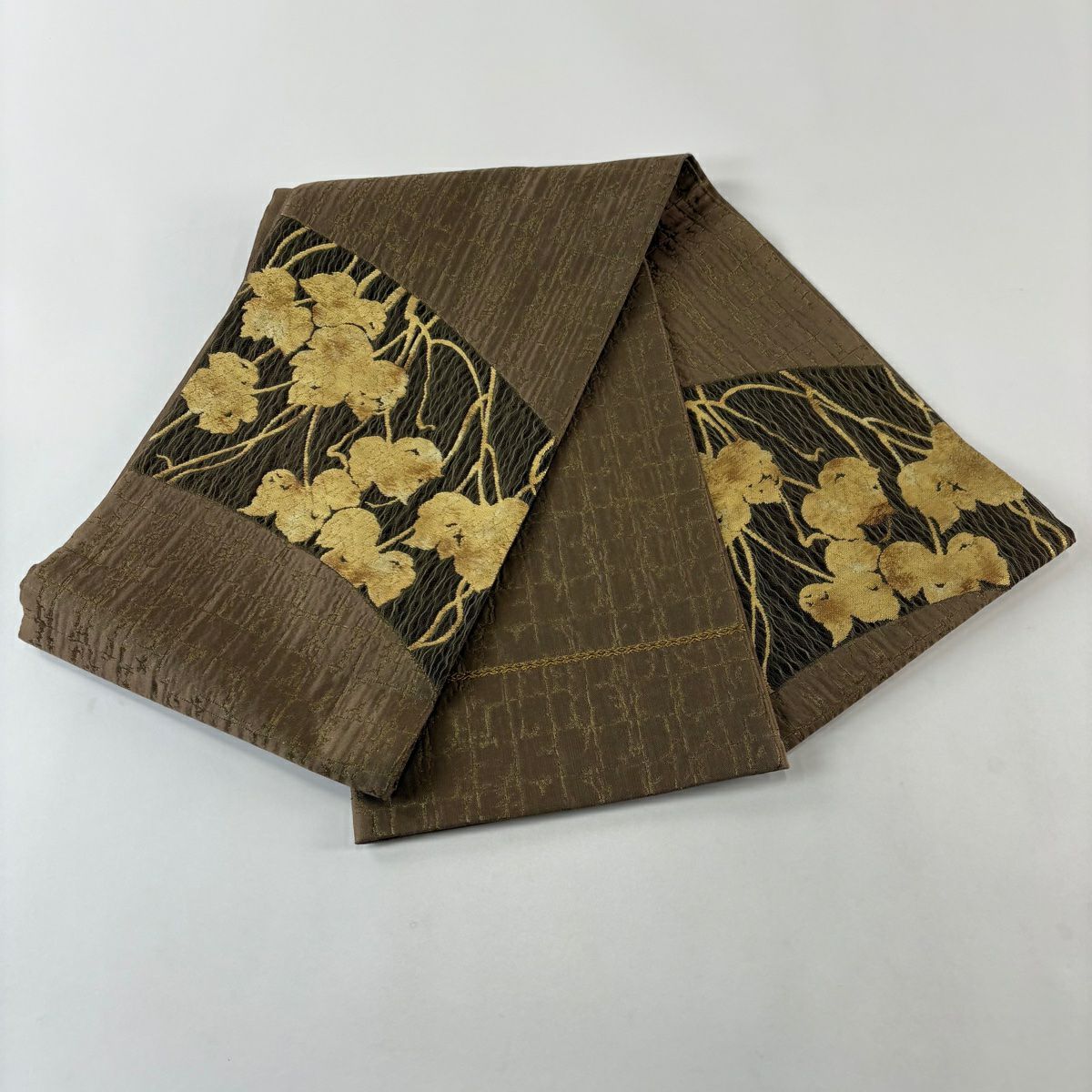 【美品】 袋帶 名品級 附落款 葉紋 變格子 金金箔 金絲 小豆色 大鼓紋 純蠶絲