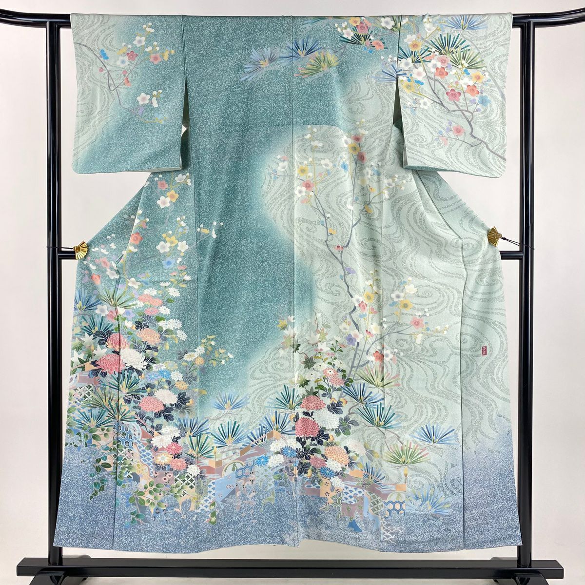 訪問服 身長153cm 袖長60cm S 雙層 落款あり 松樹梅花 菊花 漸層 薄青綠 純蠶絲 名品級