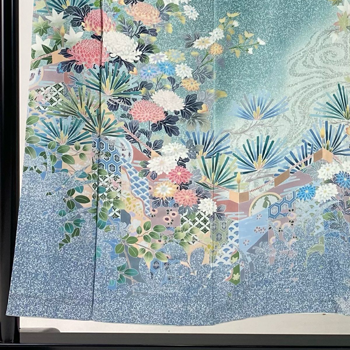 訪問服 身長153cm 袖長60cm S 雙層 落款あり 松樹梅花 菊花 漸層 薄青綠 純蠶絲 名品級