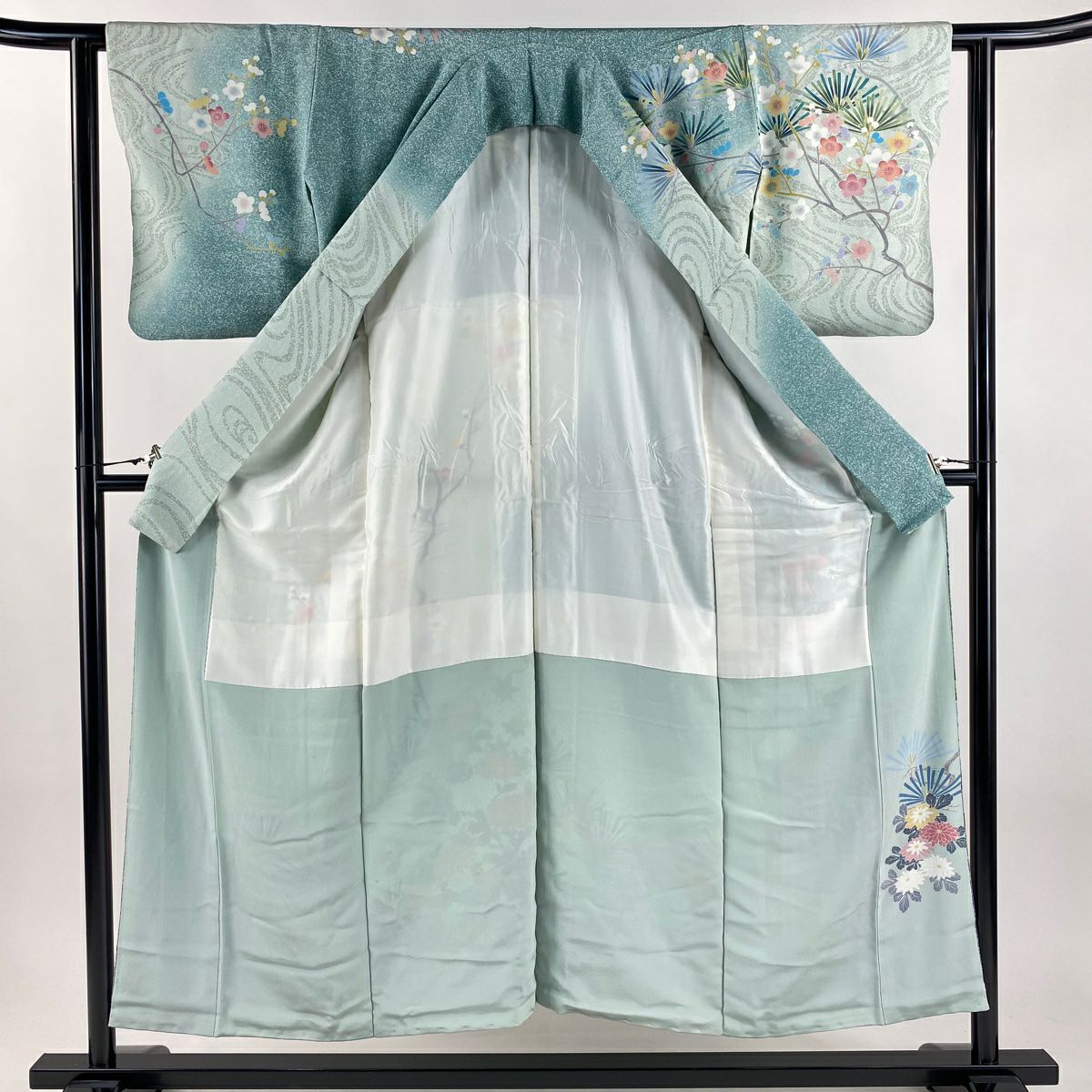 訪問服 身長153cm 袖長60cm S 雙層 落款あり 松樹梅花 菊花 漸層 薄青綠 純蠶絲 名品級