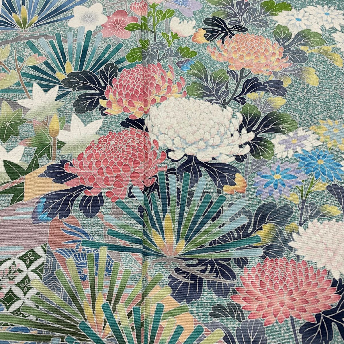 訪問服 身長153cm 袖長60cm S 雙層 落款あり 松樹梅花 菊花 漸層 薄青綠 純蠶絲 名品級