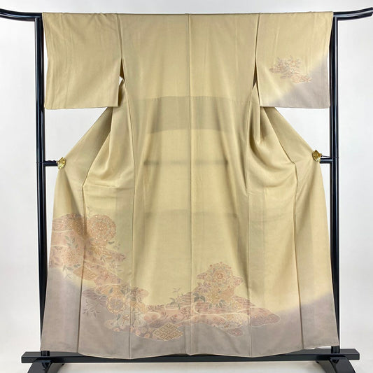 【美品】 付下 身長157cm 袖長63.5cm S 雙層 華紋 草花紋紋 刺繡 漸層 米色 純蠶絲 名品級