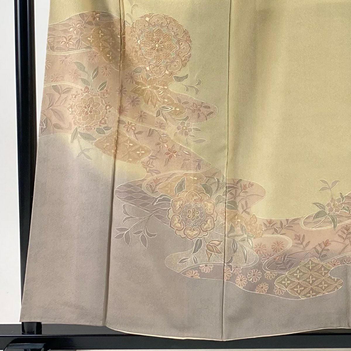 【美品】 付下 身長157cm 袖長63.5cm S 雙層 華紋 草花紋紋 刺繡 漸層 米色 純蠶絲 名品級