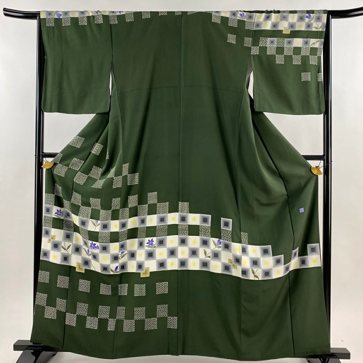 訪問服 身長160.5cm 袖長65cm M 雙層 落款 草花紋紋 市松樹 深綠 純蠶絲 名品級