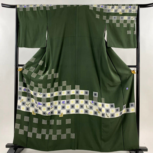 訪問服 身長160.5cm 袖長65cm M 雙層 落款 草花紋紋 市松樹 深綠 純蠶絲 名品級