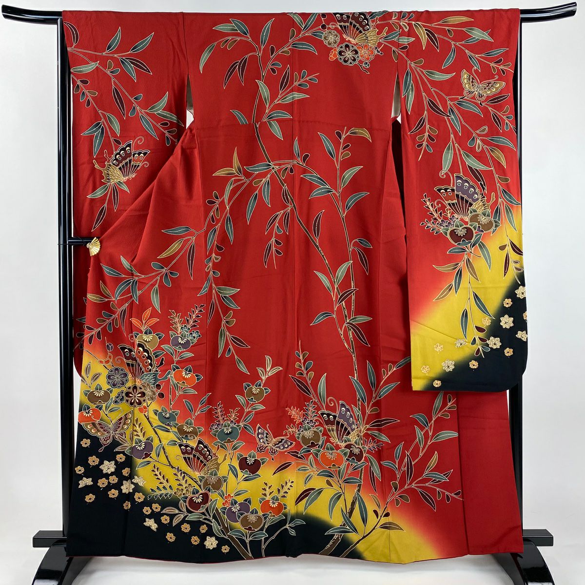 振袖禮服 身長162cm 袖長64.5cm M 雙層 蝶 枝花 染分 漸層 紅 純蠶絲 名品級