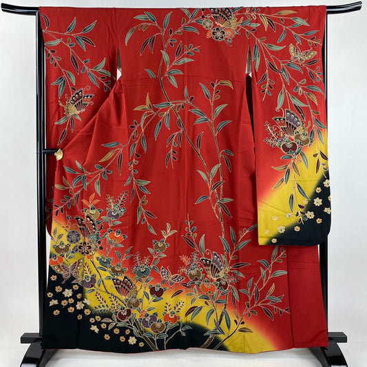 振袖禮服 身長162cm 袖長64.5cm M 雙層 蝶 枝花 染分 漸層 紅 純蠶絲 名品級