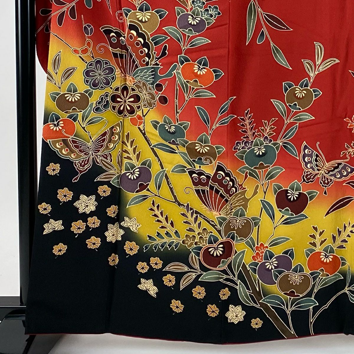 振袖禮服 身長162cm 袖長64.5cm M 雙層 蝶 枝花 染分 漸層 紅 純蠶絲 名品級