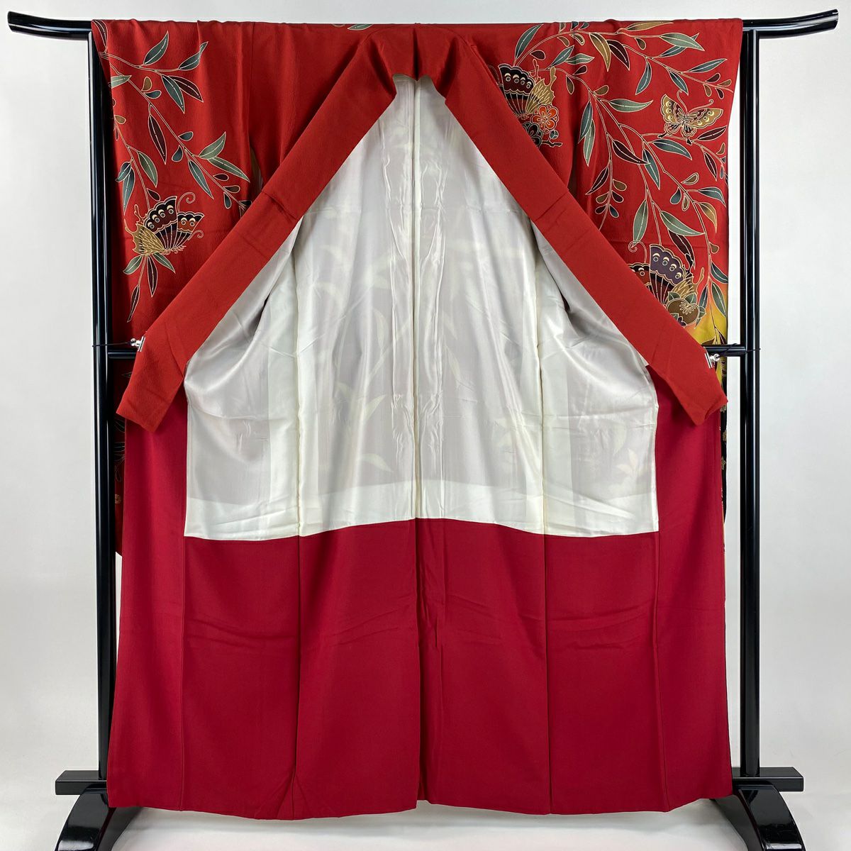 振袖禮服 身長162cm 袖長64.5cm M 雙層 蝶 枝花 染分 漸層 紅 純蠶絲 名品級