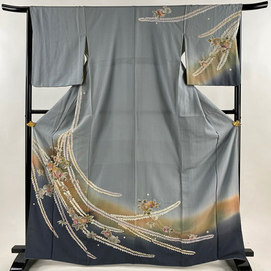 訪問服 身長167cm 袖長64.5cm M 雙層 辻花染 金彩裝飾 漸層 青灰 純蠶絲 名品級