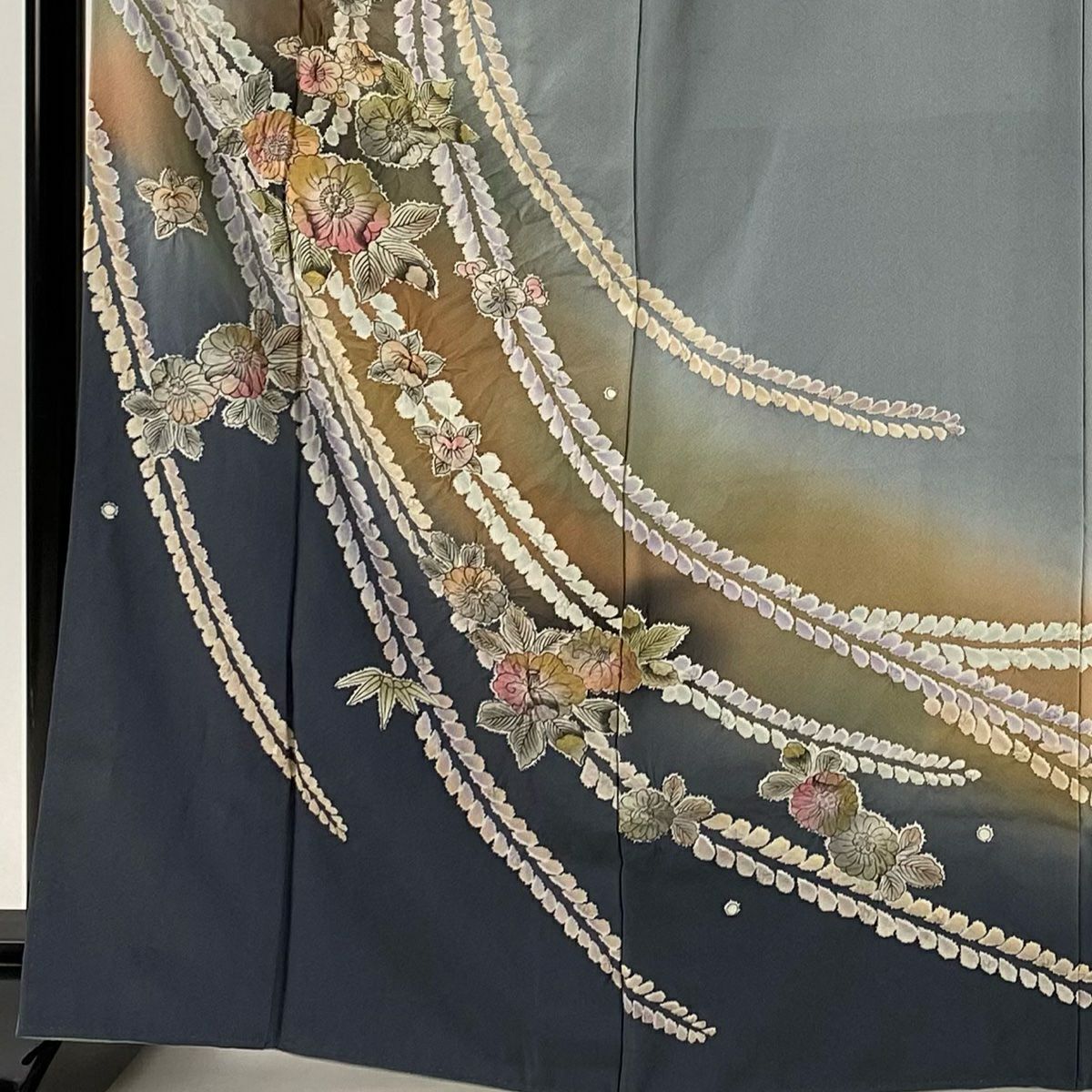 訪問服 身長167cm 袖長64.5cm M 雙層 辻花染 金彩裝飾 漸層 青灰 純蠶絲 名品級