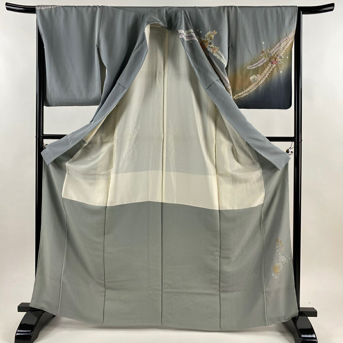訪問服 身長167cm 袖長64.5cm M 雙層 辻花染 金彩裝飾 漸層 青灰 純蠶絲 名品級
