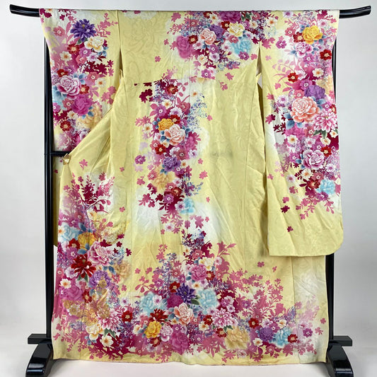 振袖禮服 身長168.5cm 袖長69cm L 雙層 草花紋紋 蝶 金銀彩 金金箔 奶油色 純蠶絲 名品級