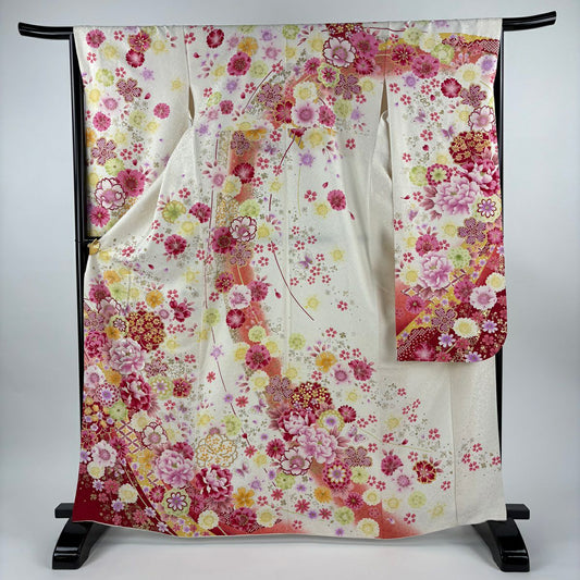 振袖禮服 身長167cm 袖長66cm M 雙層 牡丹 熨斗紋 銀通刺繡 奶油色 純蠶絲 逸品級