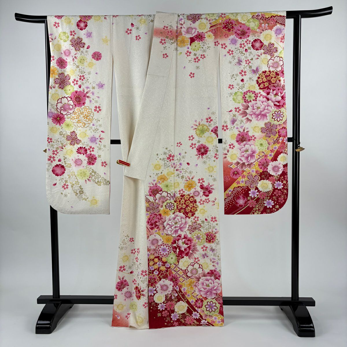 振袖禮服 身長167cm 袖長66cm M 雙層 牡丹 熨斗紋 銀通刺繡 奶油色 純蠶絲 逸品級