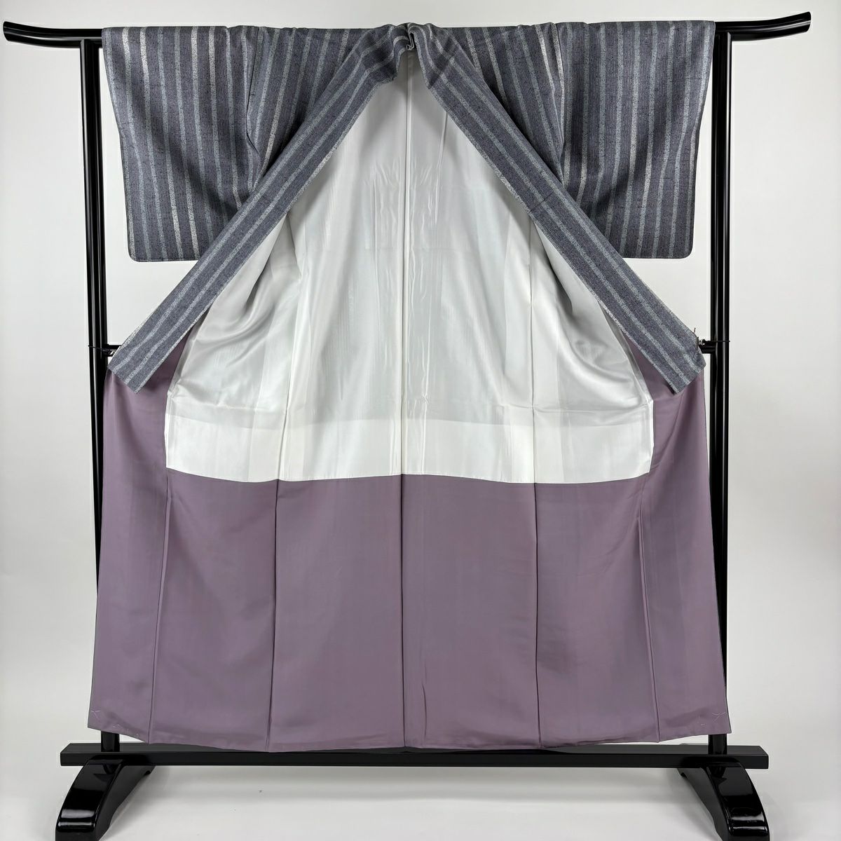 【美品】 紬織 身長159cm 袖長62cm S 雙層 牛首紬織織 地 落款あり 證書あり 縱條 幾何圖案 青灰 純蠶絲 逸品級