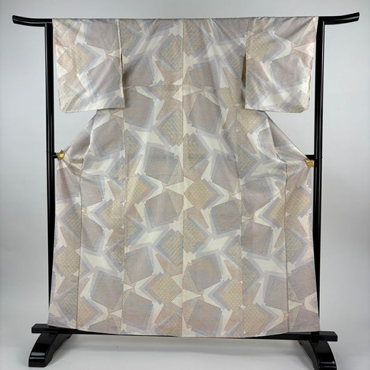 【美品】 大島紬織 身長162.5cm 袖長63cm S 雙層 都喜ヱ門 證書あり 色紙 幾何學圖案 米色 純蠶絲 逸品級