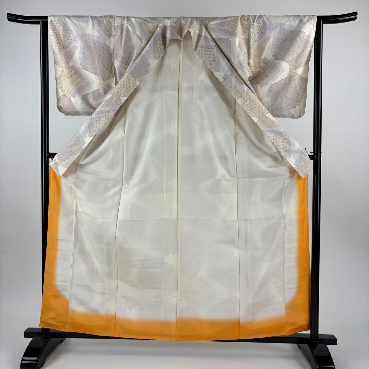 【美品】 大島紬織 身長162.5cm 袖長63cm S 雙層 都喜ヱ門 證書あり 色紙 幾何學圖案 米色 純蠶絲 逸品級