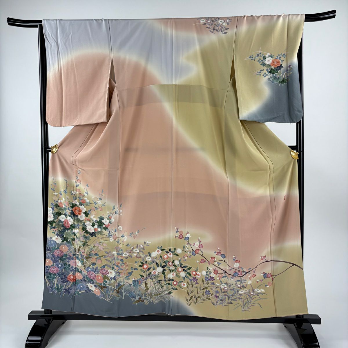 訪問服 身長159cm 袖長66cm M 雙層 田村哲彦 落款あり 草花紋紋 鳥 染分 ぼかし 粉色米色 純蠶絲 逸品級