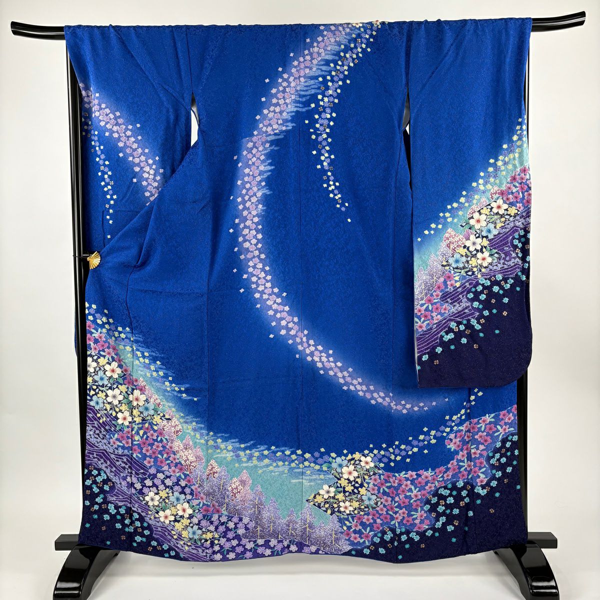 振袖禮服 身長163cm 袖長68cm L 雙層 櫻花 流水 金通 絞染 藍 純蠶絲 逸品級