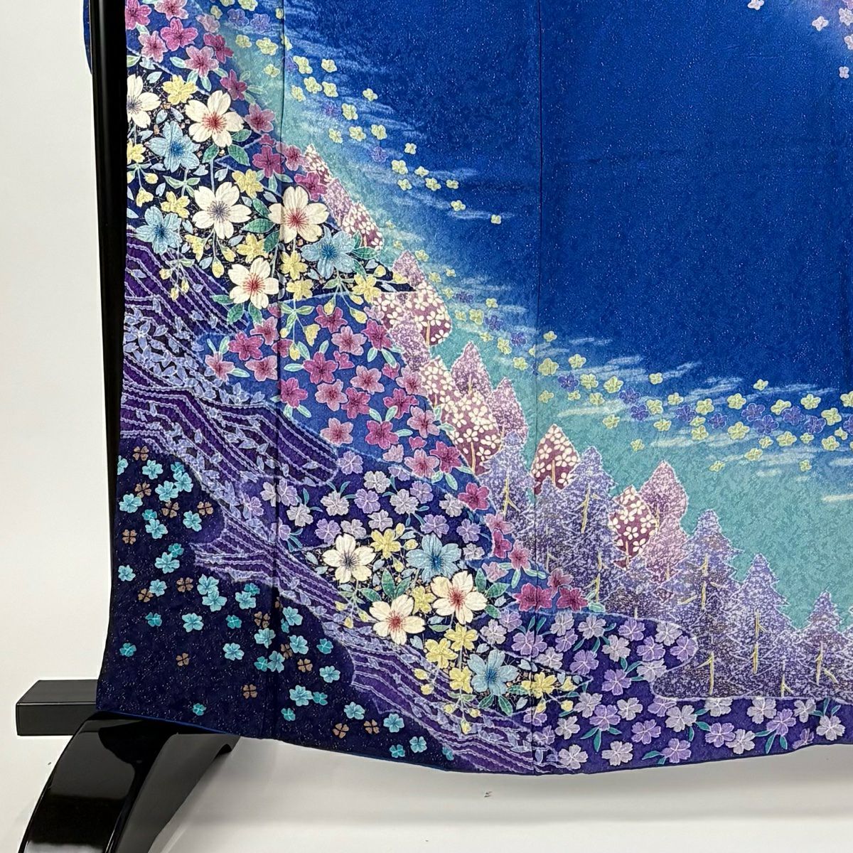 振袖禮服 身長163cm 袖長68cm L 雙層 櫻花 流水 金通 絞染 藍 純蠶絲 逸品級