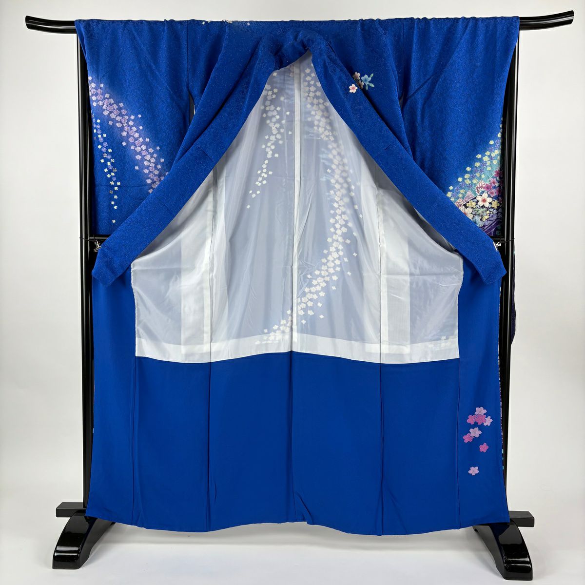 振袖禮服 身長163cm 袖長68cm L 雙層 櫻花 流水 金通 絞染 藍 純蠶絲 逸品級