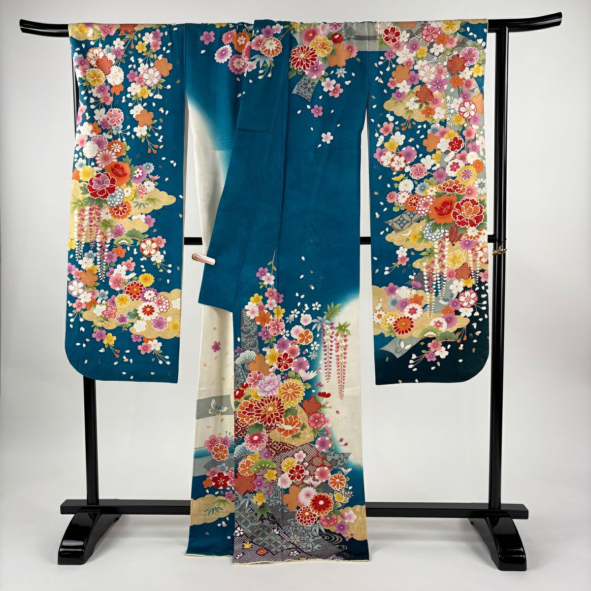 振袖禮服 身長171cm 袖長69cm L 雙層 扇子面 草花紋紋 金絲 金銀彩 青綠 純蠶絲 逸品級