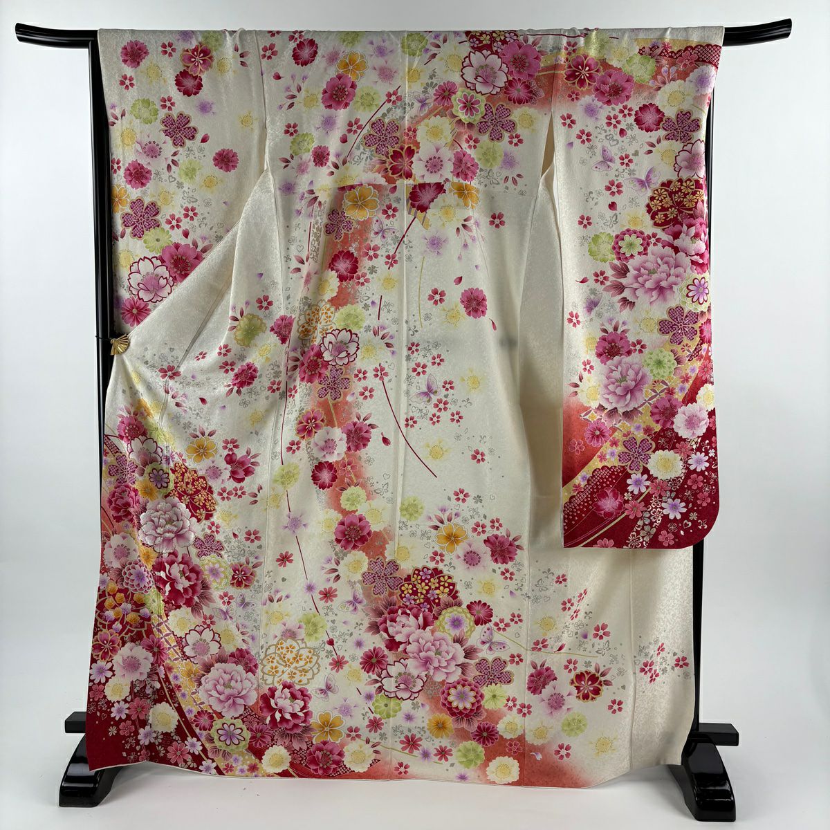 【美品】振袖禮服 身長171cm 袖長67cm M 雙層 牡丹 櫻花 金銀彩 刺繡 奶油色 純蠶絲 逸品級