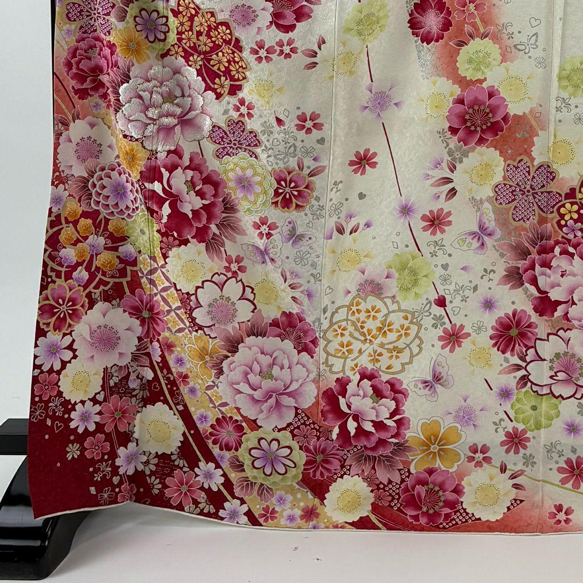 【美品】振袖禮服 身長171cm 袖長67cm M 雙層 牡丹 櫻花 金銀彩 刺繡 奶油色 純蠶絲 逸品級