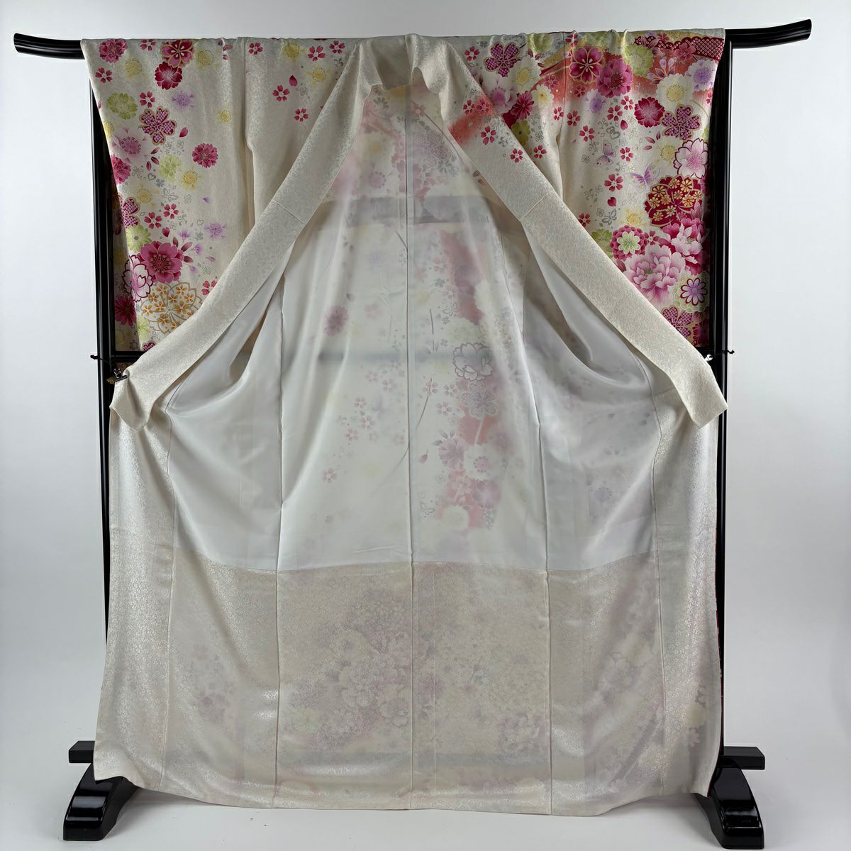 【美品】振袖禮服 身長171cm 袖長67cm M 雙層 牡丹 櫻花 金銀彩 刺繡 奶油色 純蠶絲 逸品級