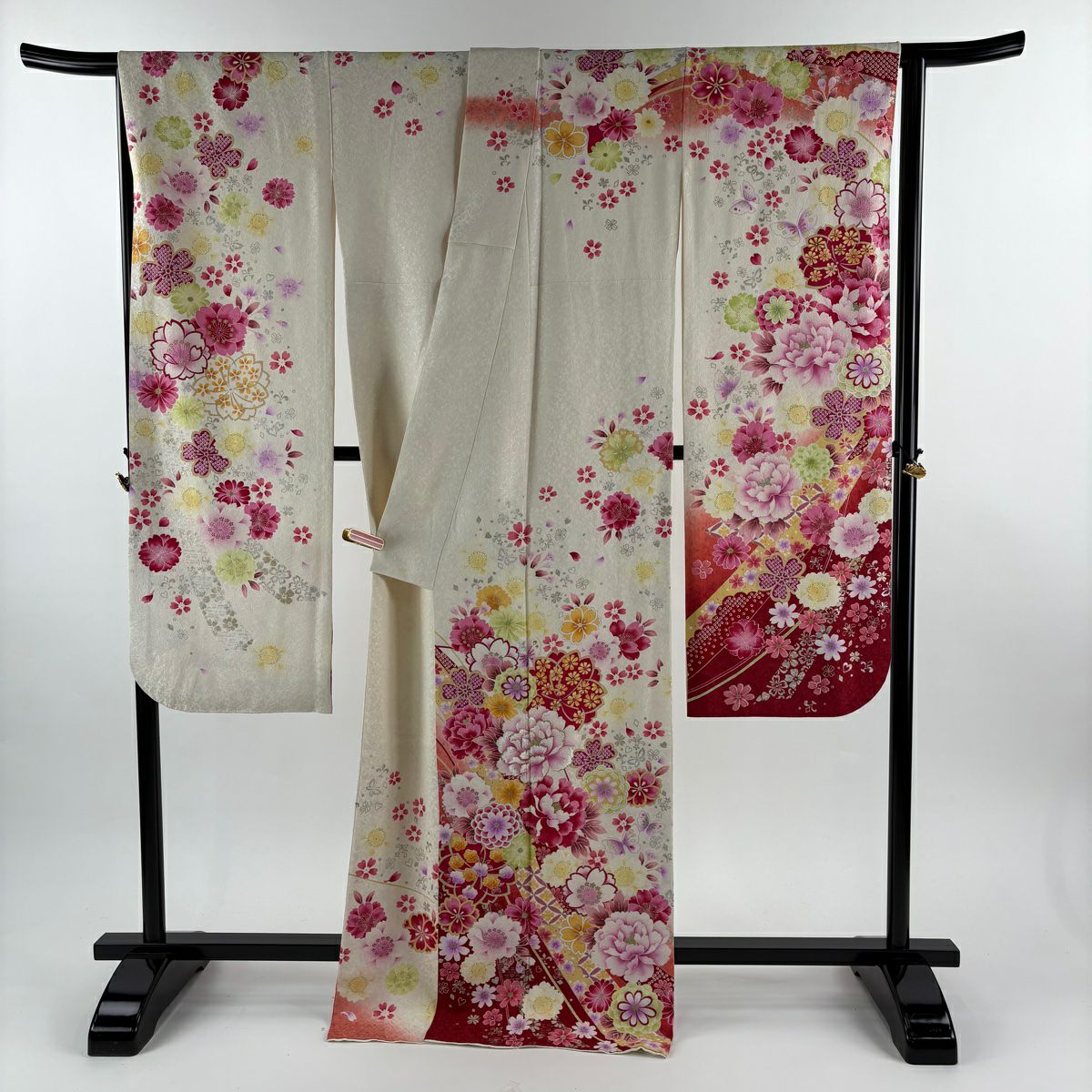 【美品】振袖禮服 身長171cm 袖長67cm M 雙層 牡丹 櫻花 金銀彩 刺繡 奶油色 純蠶絲 逸品級