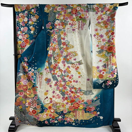 振袖禮服 身長169cm 袖長69.5cm L 雙層 熨斗紋 菊花 金糸 銀通 青綠 純蠶絲 逸品級