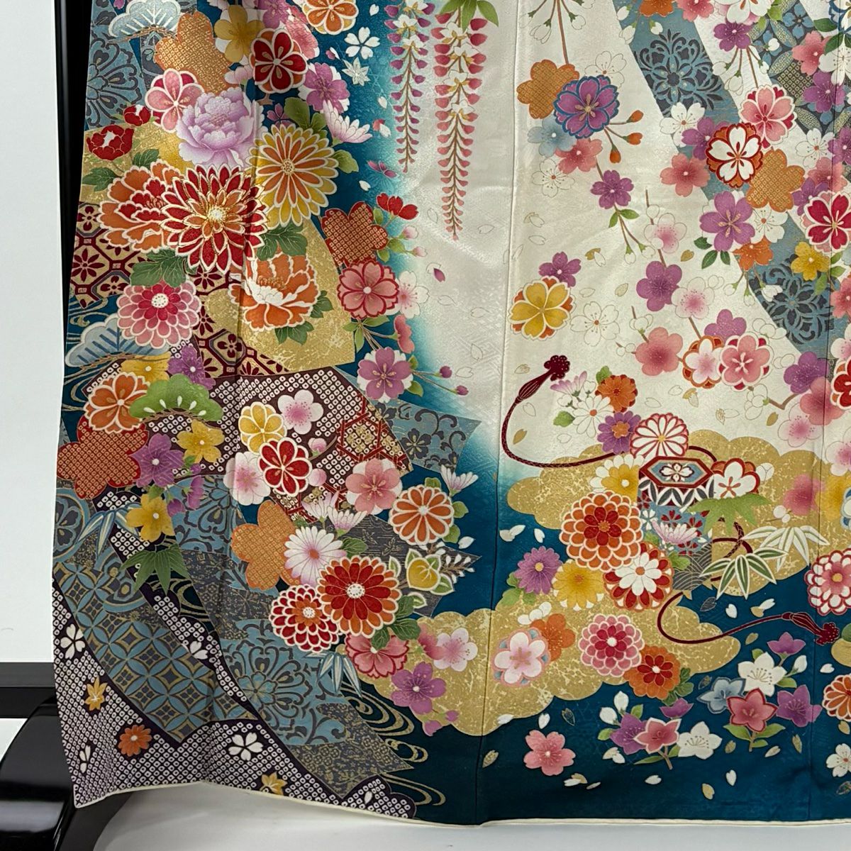 振袖禮服 身長169cm 袖長69.5cm L 雙層 熨斗紋 菊花 金糸 銀通 青綠 純蠶絲 逸品級