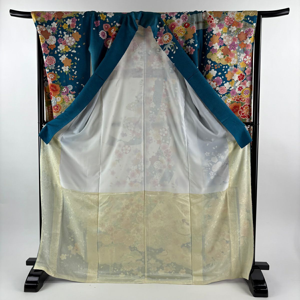 振袖禮服 身長169cm 袖長69.5cm L 雙層 熨斗紋 菊花 金糸 銀通 青綠 純蠶絲 逸品級