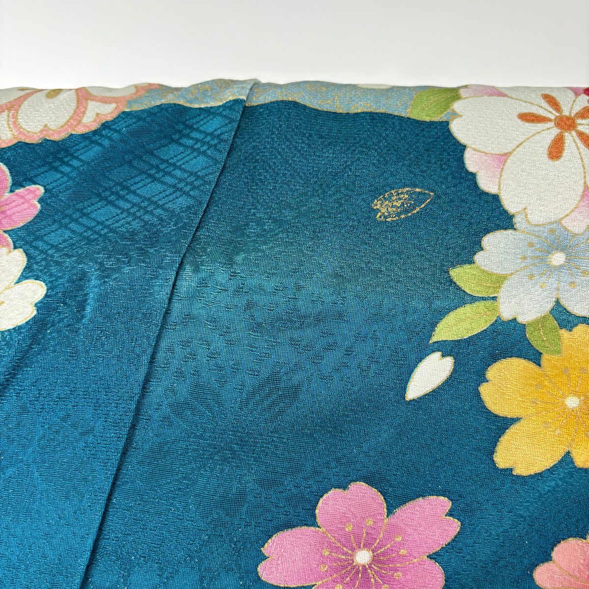振袖禮服 身長169cm 袖長69.5cm L 雙層 熨斗紋 菊花 金糸 銀通 青綠 純蠶絲 逸品級