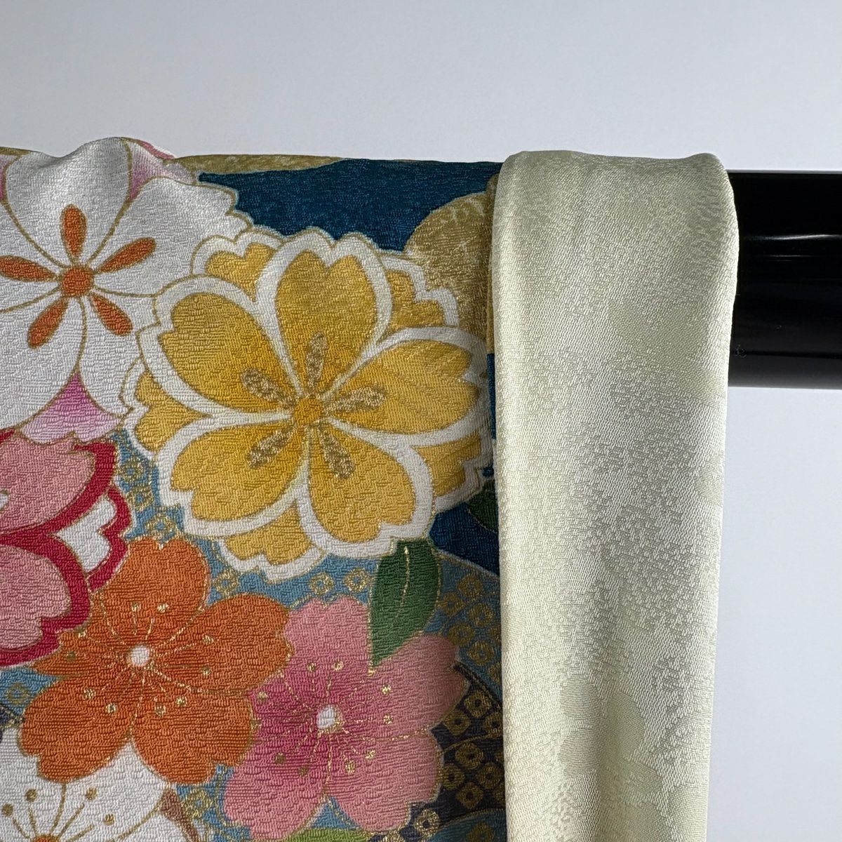 振袖禮服 身長169cm 袖長69.5cm L 雙層 熨斗紋 菊花 金糸 銀通 青綠 純蠶絲 逸品級