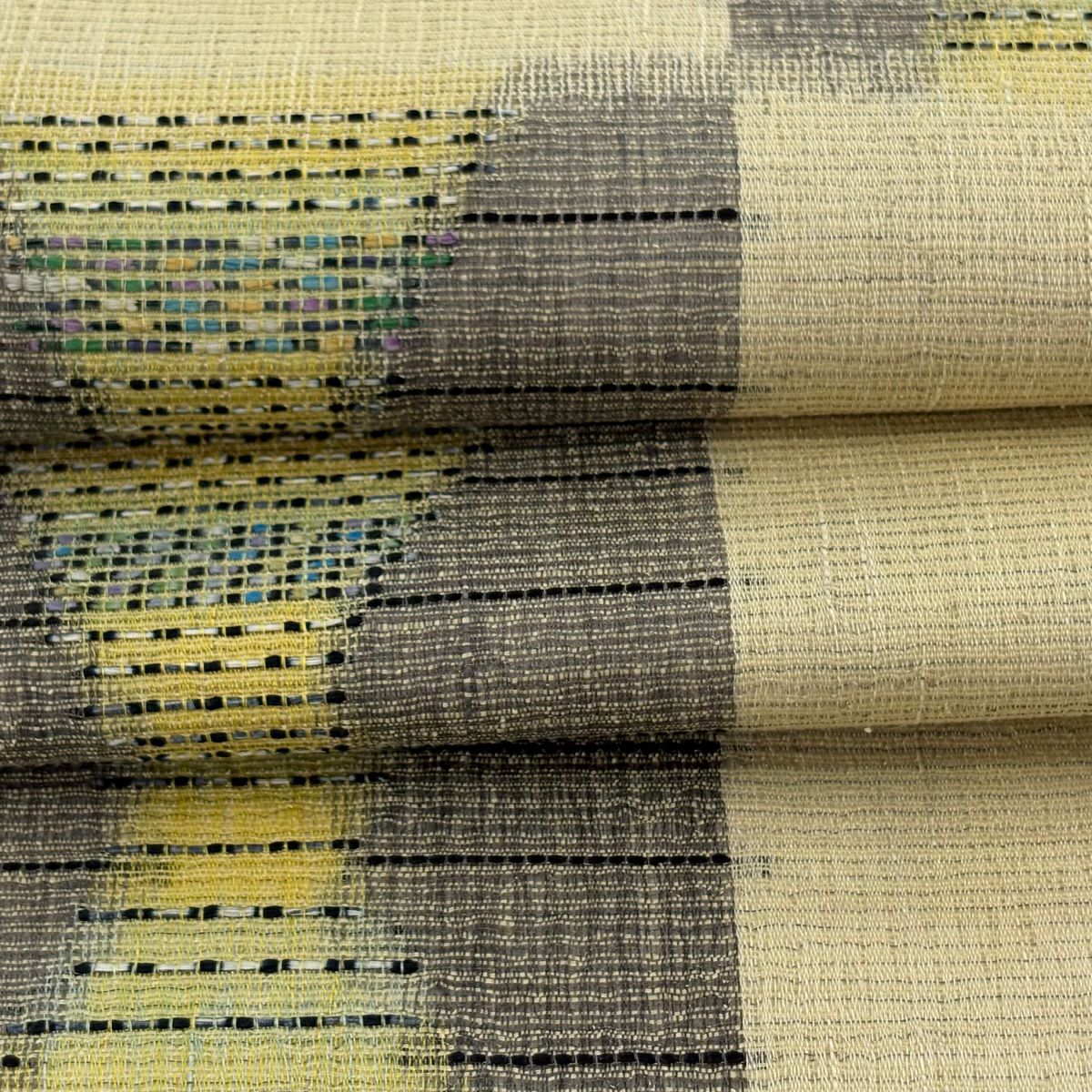 【美品】 袋帶 名品級 變化市松樹 紋理 金絲 米色 六通 純蠶絲