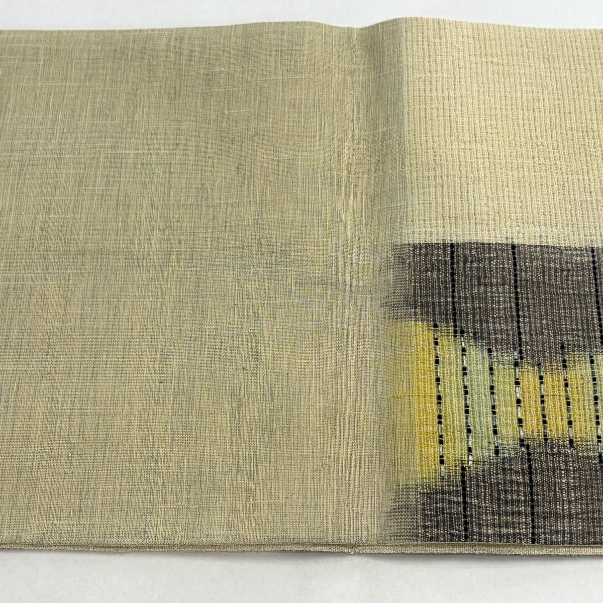 【美品】 袋帶 名品級 變化市松樹 紋理 金絲 米色 六通 純蠶絲