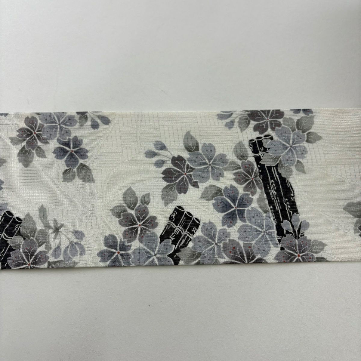 名古屋帶 名品級 夏帶 櫻花 筏 灰白 純蠶絲