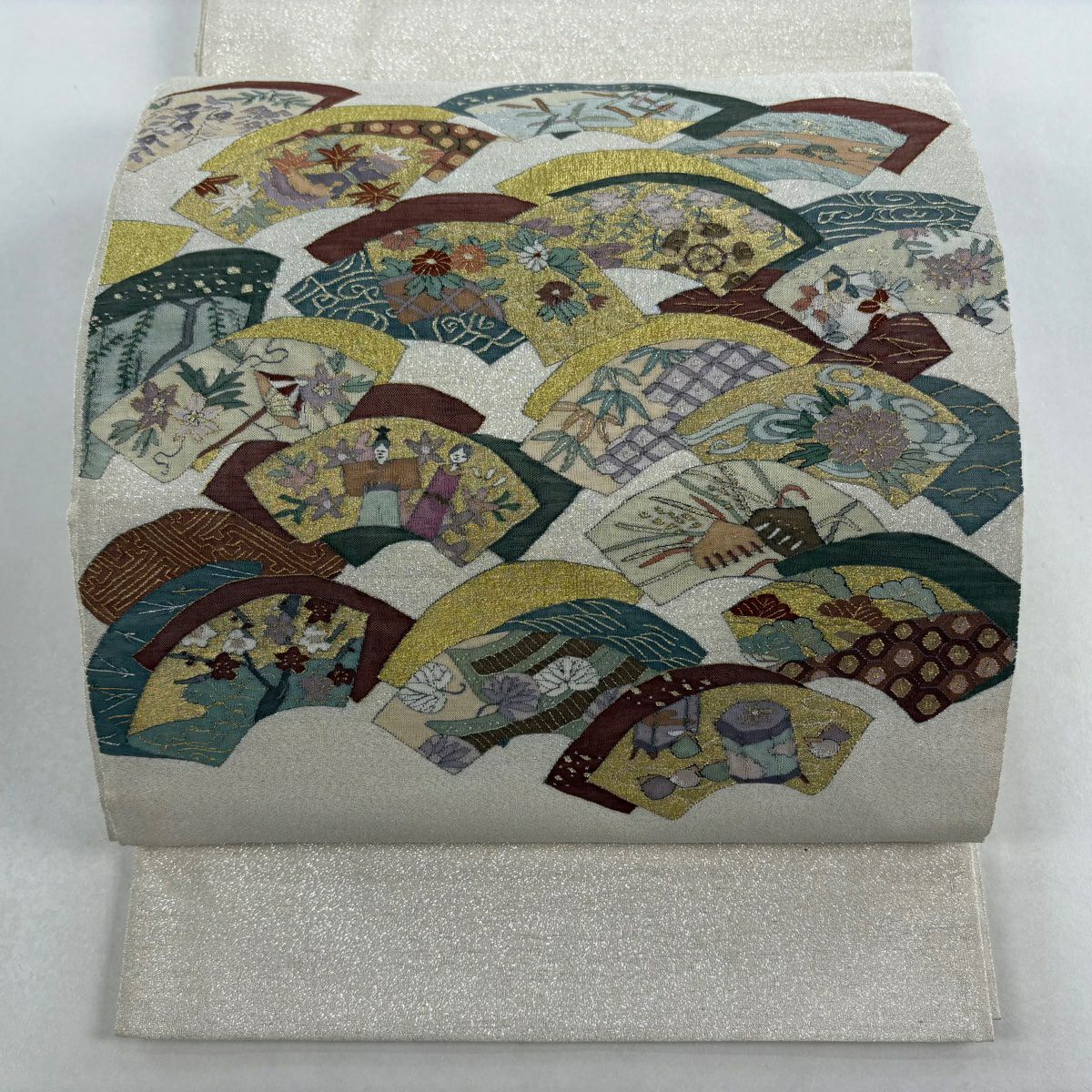 袋帶 逸品級 扇子面 松樹竹子梅花 金絲 金金箔 奶油色 大鼓圖案 純蠶絲
